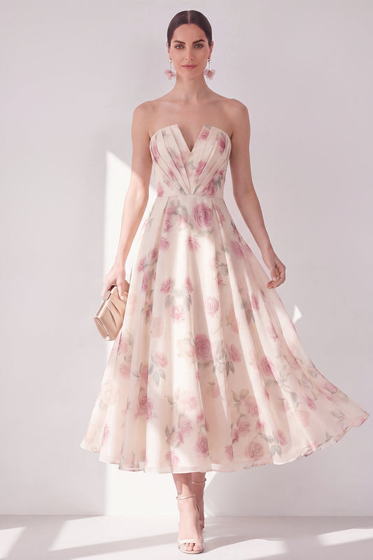 Apricot Strapless Ruched Floral A Line Maxi Beach Wedding Guest Dress