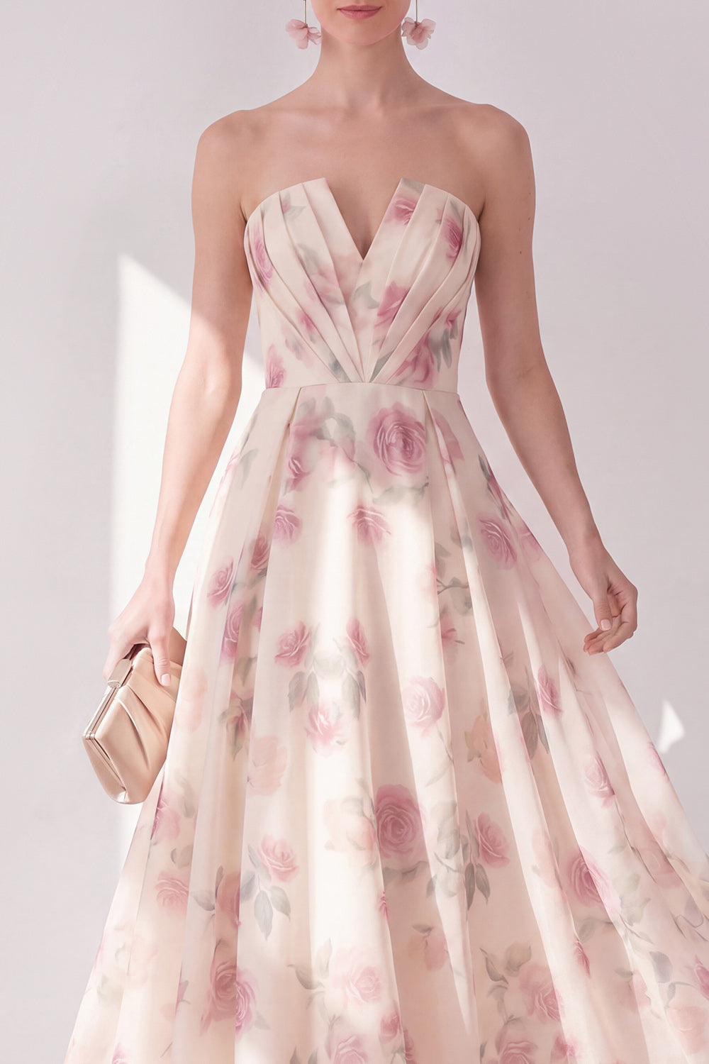 Apricot Strapless Ruched Floral A Line Maxi Beach Wedding Guest Dress