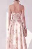 Apricot Strapless Ruched Floral A Line Maxi Beach Wedding Guest Dress
