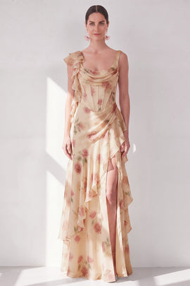 Apricot Scoop Ruffled Floral Corset Maxi Beach Wedding Guest Dress with Slit