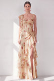 Apricot Scoop Ruffled Floral Corset Maxi Beach Wedding Guest Dress with Slit