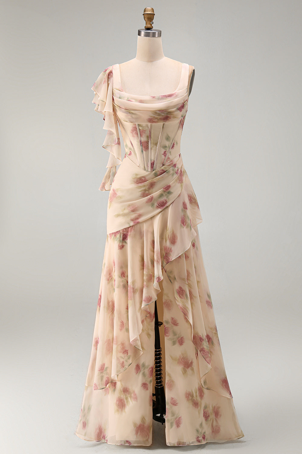 Apricot Scoop Ruffled Floral Corset Maxi Beach Wedding Guest Dress with Slit