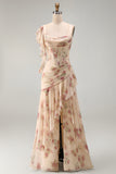 Apricot Scoop Ruffled Floral Corset Maxi Beach Wedding Guest Dress with Slit