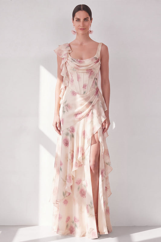Apricot Scoop Ruffled Floral Corset Maxi Beach Wedding Guest Dress with Slit