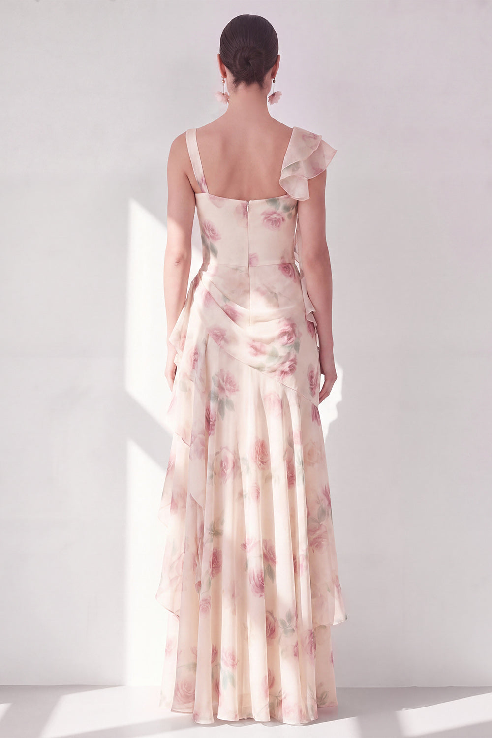 Apricot Scoop Ruffled Floral Corset Maxi Beach Wedding Guest Dress with Slit