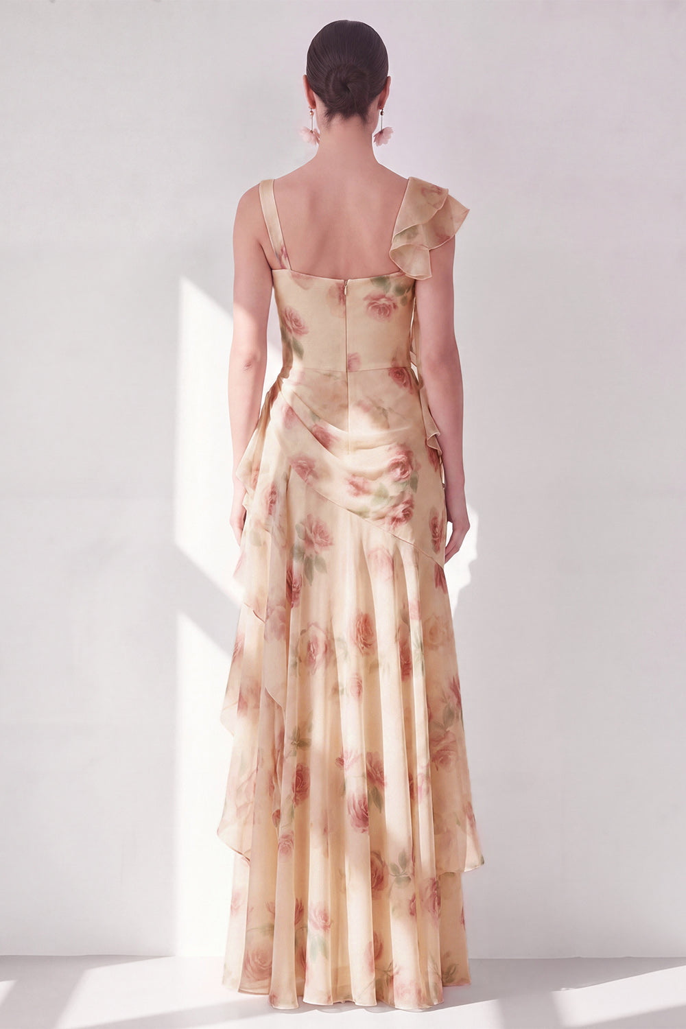 Apricot Scoop Ruffled Floral Corset Maxi Beach Wedding Guest Dress with Slit