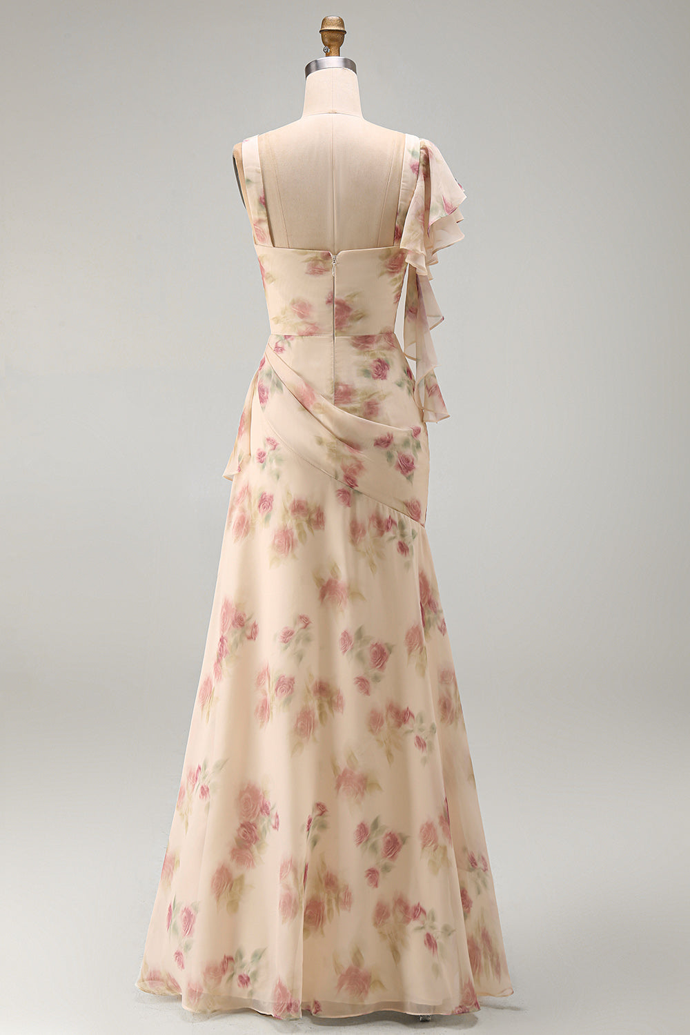 Apricot Scoop Ruffled Floral Corset Maxi Beach Wedding Guest Dress with Slit