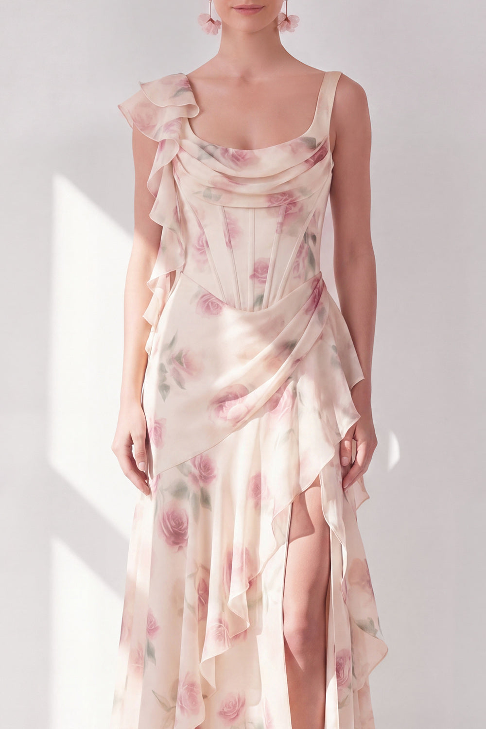 Apricot Scoop Ruffled Floral Corset Maxi Beach Wedding Guest Dress with Slit