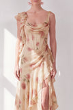 Apricot Scoop Ruffled Floral Corset Maxi Beach Wedding Guest Dress with Slit
