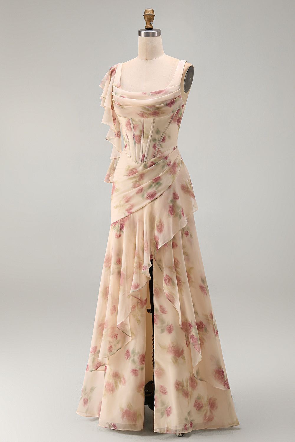 Apricot Scoop Ruffled Floral Corset Maxi Beach Wedding Guest Dress with Slit