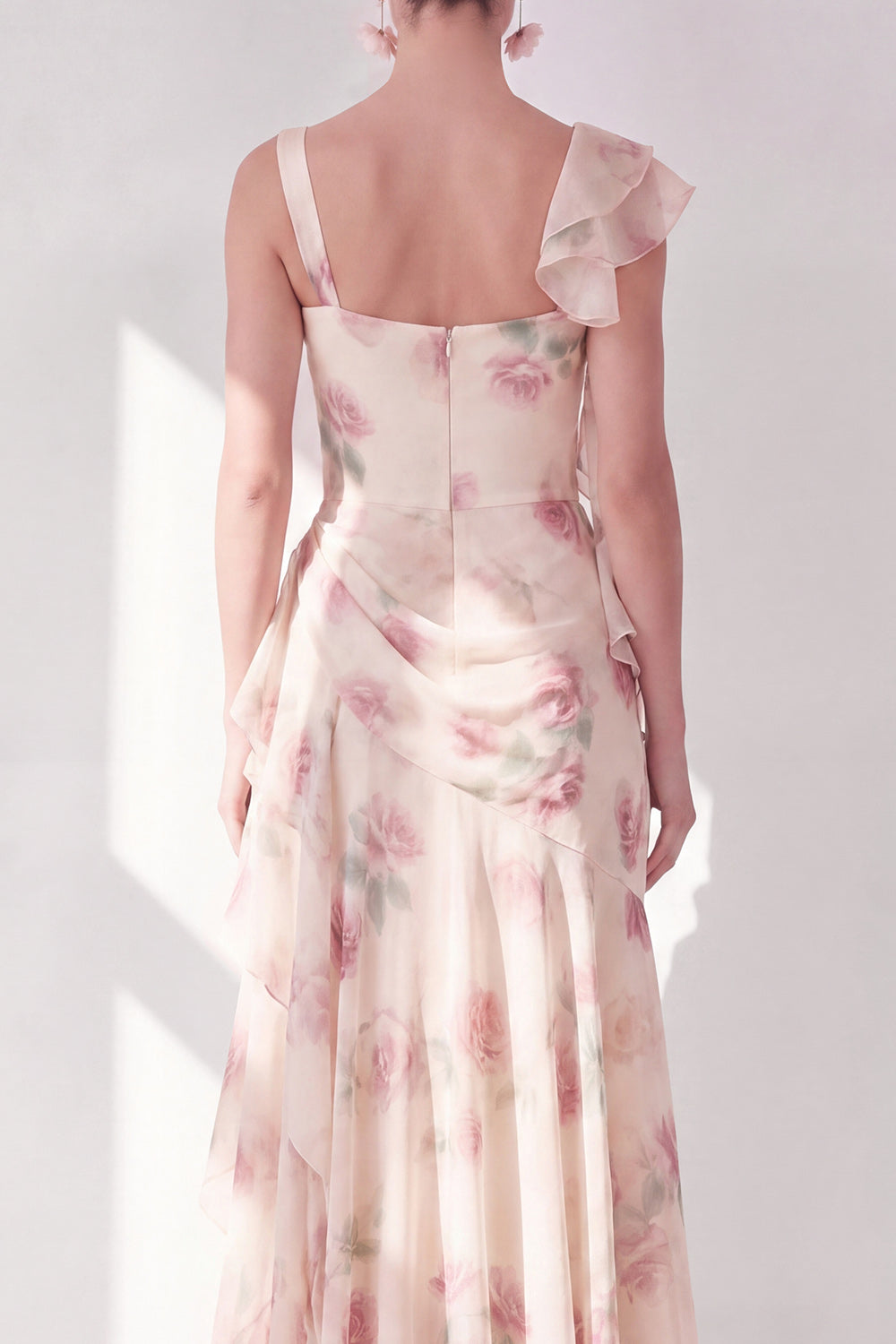 Apricot Scoop Ruffled Floral Corset Maxi Beach Wedding Guest Dress with Slit