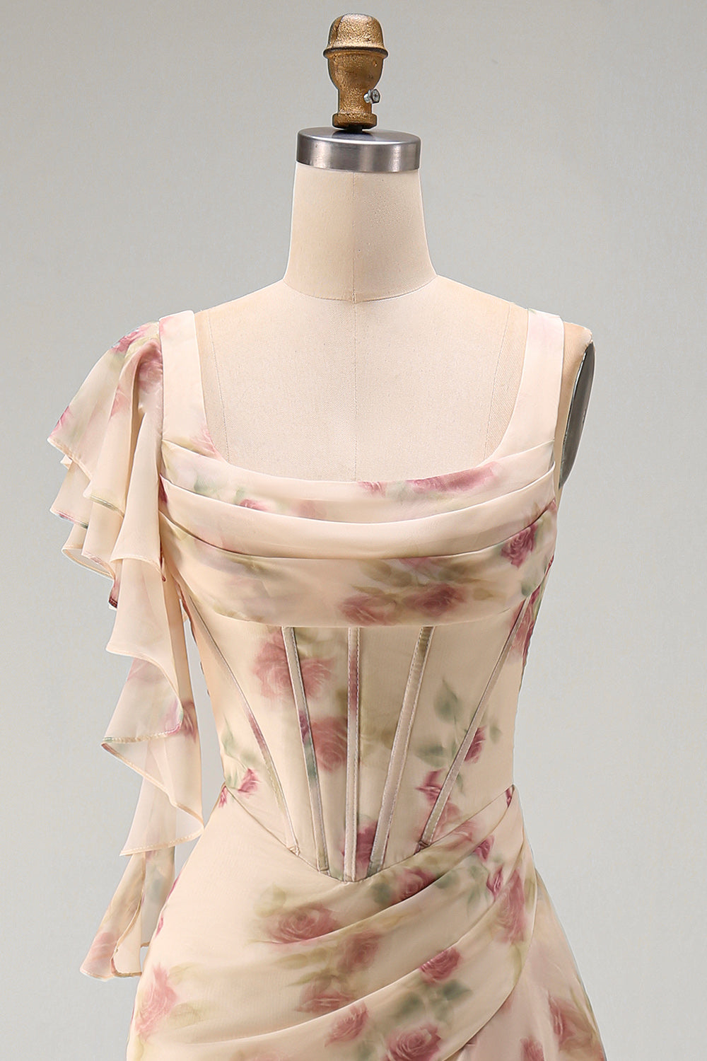 Apricot Scoop Ruffled Floral Corset Maxi Beach Wedding Guest Dress with Slit