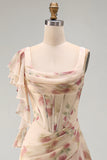Apricot Scoop Ruffled Floral Corset Maxi Beach Wedding Guest Dress with Slit
