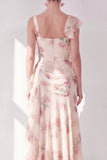Apricot Scoop Ruffled Floral Corset Maxi Beach Wedding Guest Dress with Slit