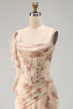 Apricot Scoop Ruffled Floral Corset Maxi Beach Wedding Guest Dress with Slit