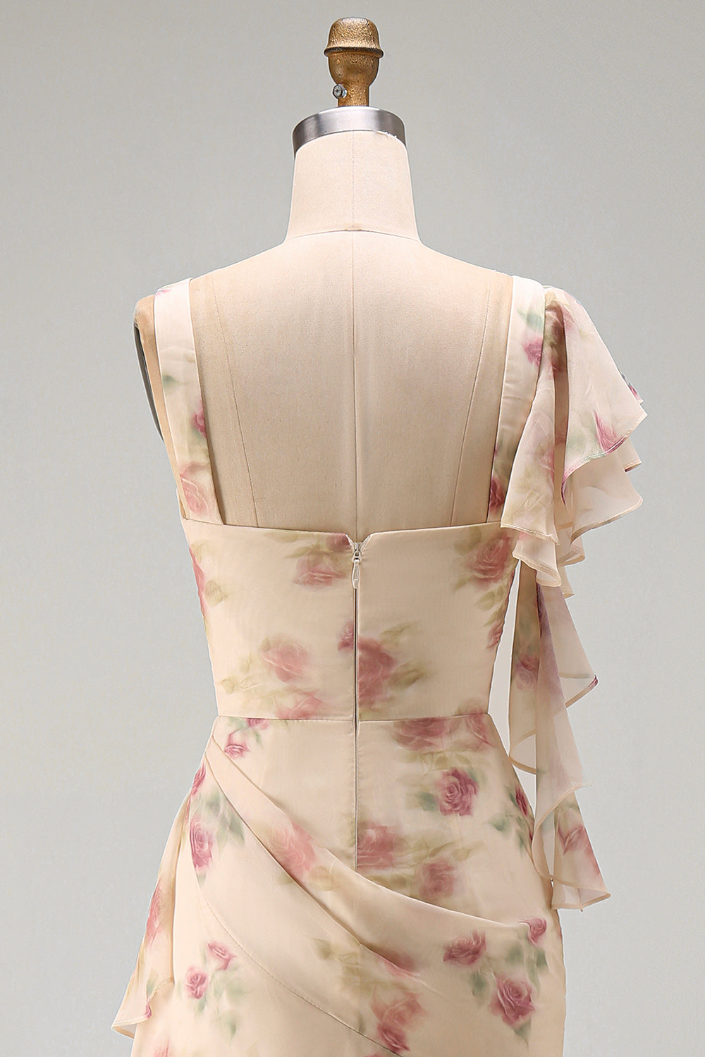 Apricot Scoop Ruffled Floral Corset Maxi Beach Wedding Guest Dress with Slit