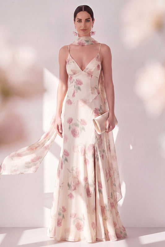 Spaghetti Straps Apricot Floral Maxi Beach Wedding Guest Dress with Slit