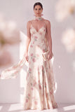 Spaghetti Straps Apricot Floral Maxi Beach Wedding Guest Dress with Slit