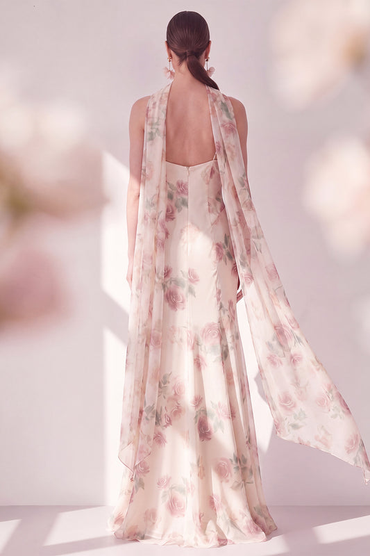 Spaghetti Straps Apricot Floral Maxi Beach Wedding Guest Dress with Slit