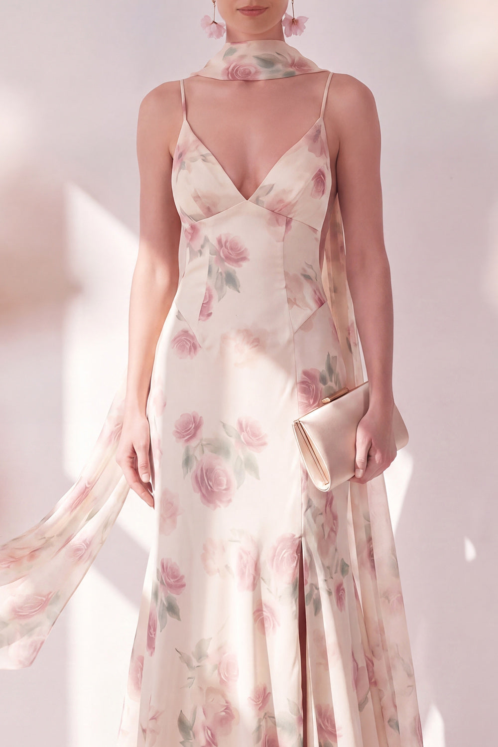 Spaghetti Straps Apricot Floral Maxi Beach Wedding Guest Dress with Slit