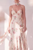 Spaghetti Straps Apricot Floral Maxi Beach Wedding Guest Dress with Slit