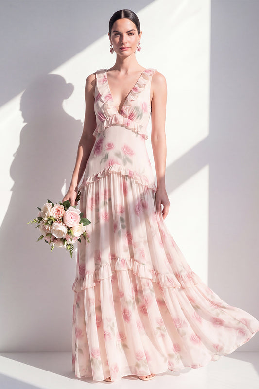 Apricot V-Neck A Line Floral Long Bridesmaid Dress with Ruffles