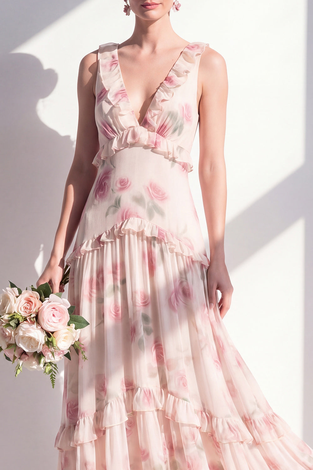 Apricot V-Neck A Line Floral Long Bridesmaid Dress with Ruffles
