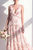 Apricot V-Neck A Line Floral Long Bridesmaid Dress with Ruffles