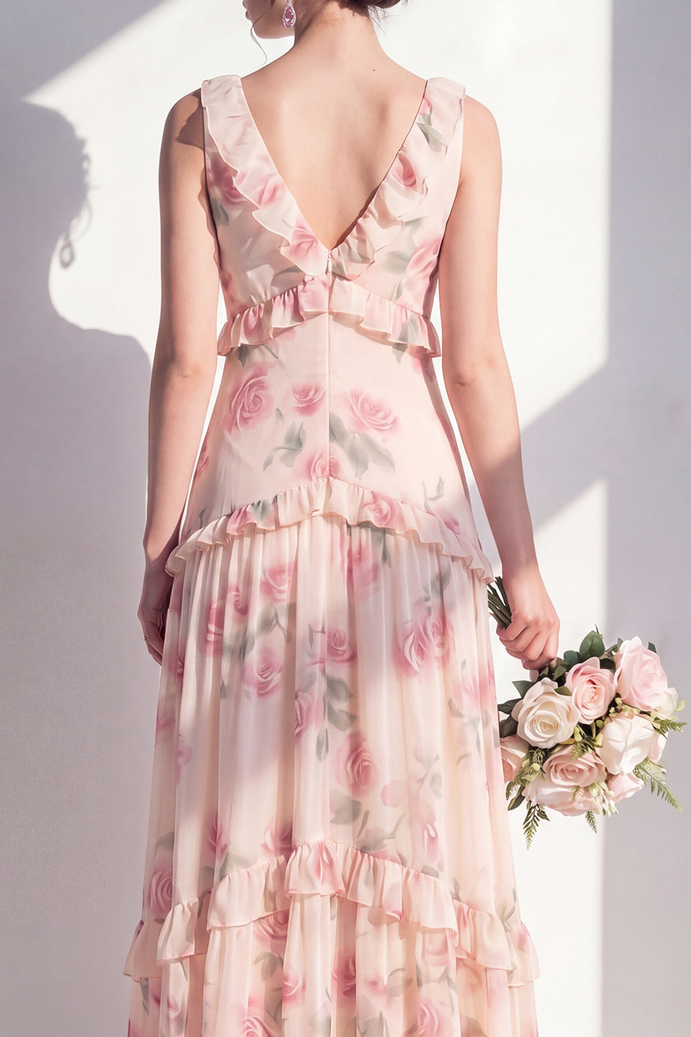Apricot V-Neck A Line Floral Long Bridesmaid Dress with Ruffles