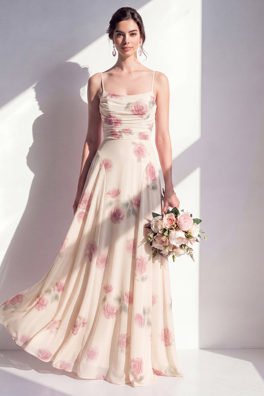 Ruched Spaghetti Straps Apricot A Line Floral Long Bridesmaid Dress