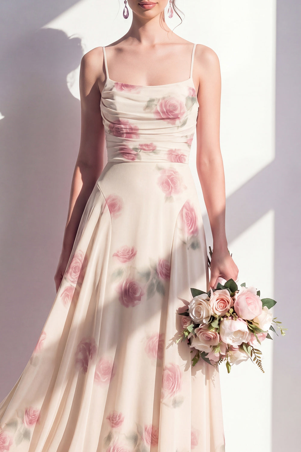 Ruched Spaghetti Straps Apricot A Line Floral Long Bridesmaid Dress