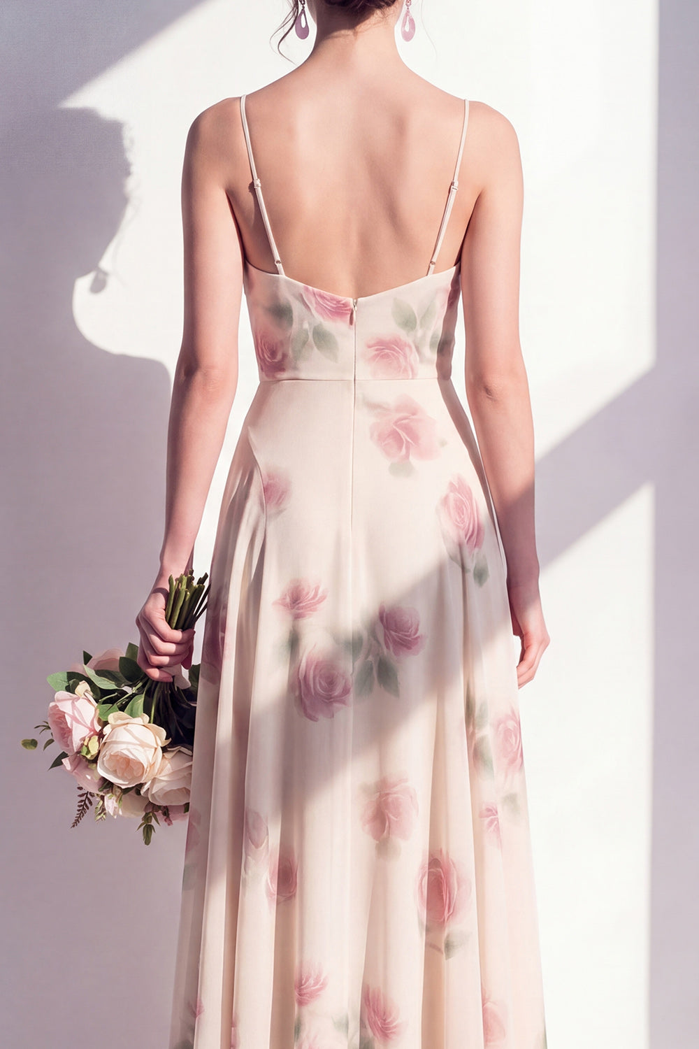Ruched Spaghetti Straps Apricot A Line Floral Long Bridesmaid Dress