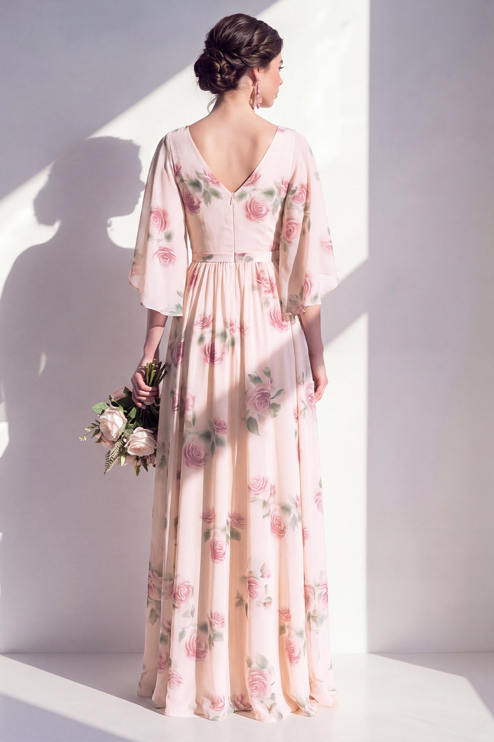 V-Neck A Line Ruched Apricot Floral Long Bridesmaid Dress with Sleeves