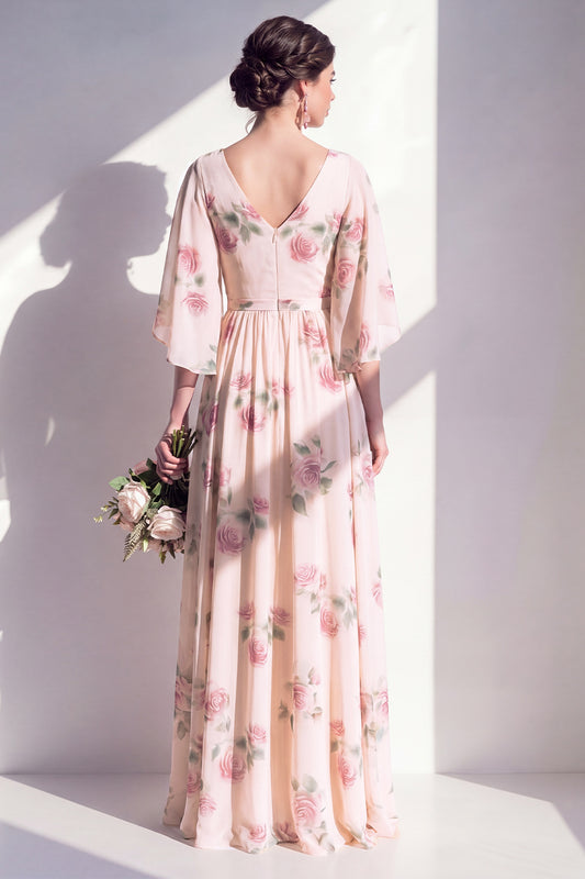 V-Neck A Line Ruched Apricot Floral Long Bridesmaid Dress with Sleeves