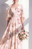 V-Neck A Line Ruched Apricot Floral Long Bridesmaid Dress with Sleeves