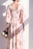 V-Neck A Line Ruched Apricot Floral Long Bridesmaid Dress with Sleeves