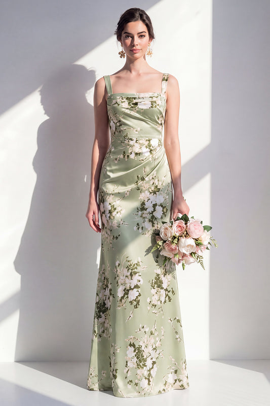Thick Straps Ruched Mermaid Sage Green Floral Long Bridesmaid Dress