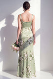 Thick Straps Ruched Mermaid Sage Green Floral Long Bridesmaid Dress