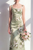 Thick Straps Ruched Mermaid Sage Green Floral Long Bridesmaid Dress