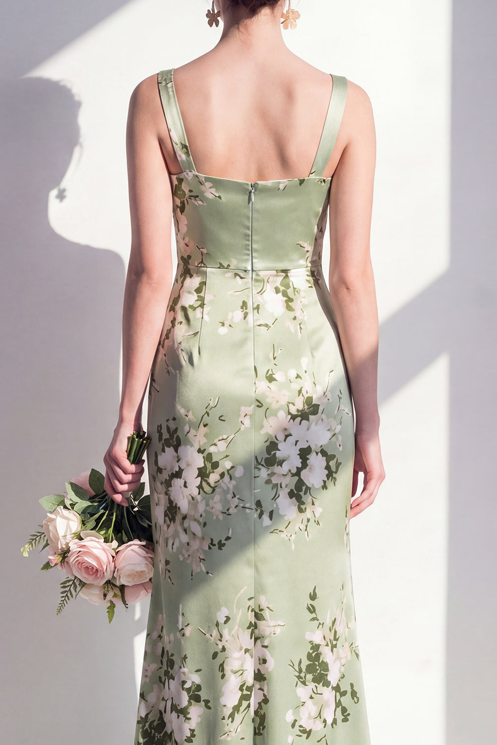 Thick Straps Ruched Mermaid Sage Green Floral Long Bridesmaid Dress