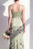 Thick Straps Ruched Mermaid Sage Green Floral Long Bridesmaid Dress