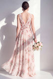 Floral Long V-Neck A Line Ruched Apricot Bridesmaid Dress