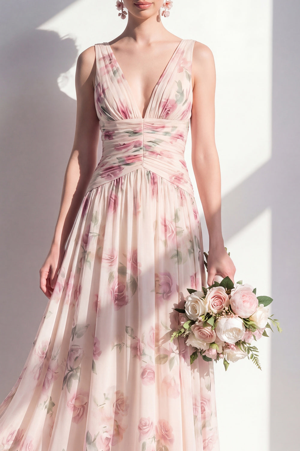 Floral Long V-Neck A Line Ruched Apricot Bridesmaid Dress