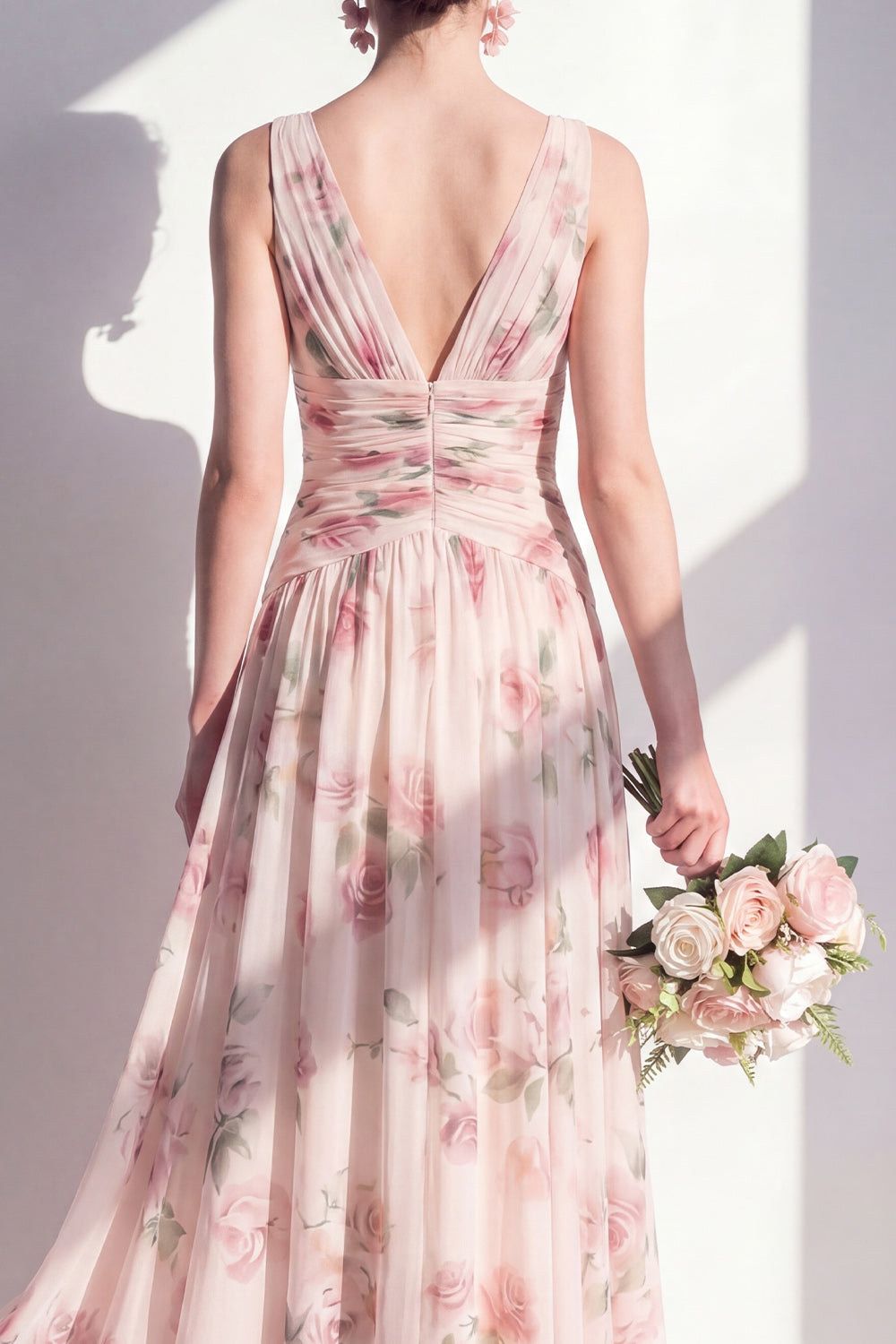 Floral Long V-Neck A Line Ruched Apricot Bridesmaid Dress