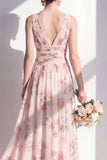 Floral Long V-Neck A Line Ruched Apricot Bridesmaid Dress