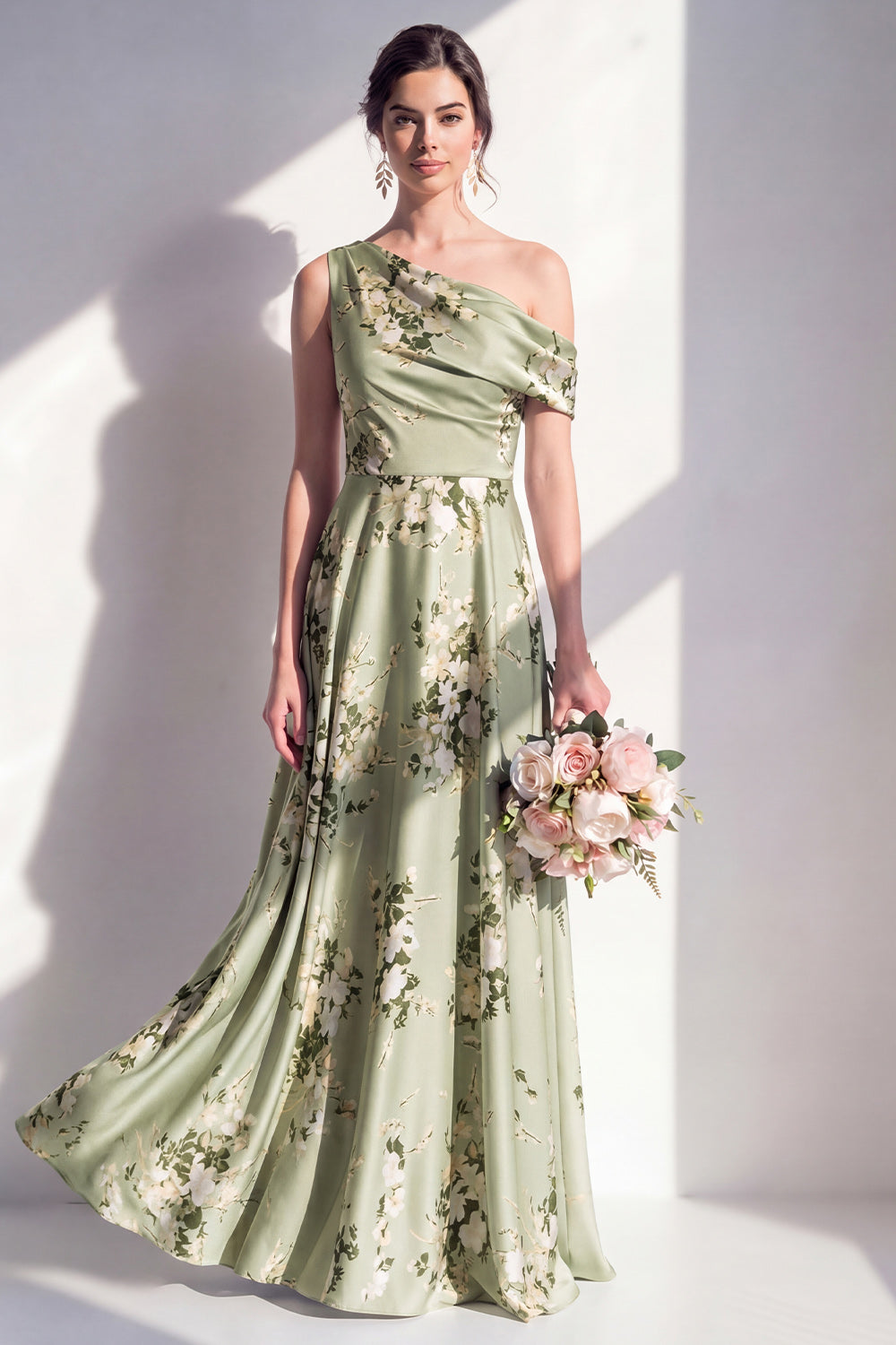 sage green bridesmaid dresses floral One Shoulder Ruched A Line Long Dress Convertible Soft Satin A-Line collection:big-summer-sale-2023 Designed for modern bridal Size:17 / 35