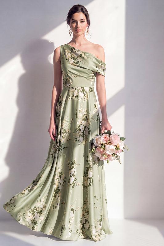 Sage Green One Shoulder Floral Ruched A Line Long Bridesmaid Dress