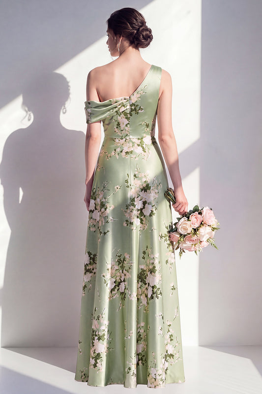 Sage Green One Shoulder Floral Ruched A Line Long Bridesmaid Dress