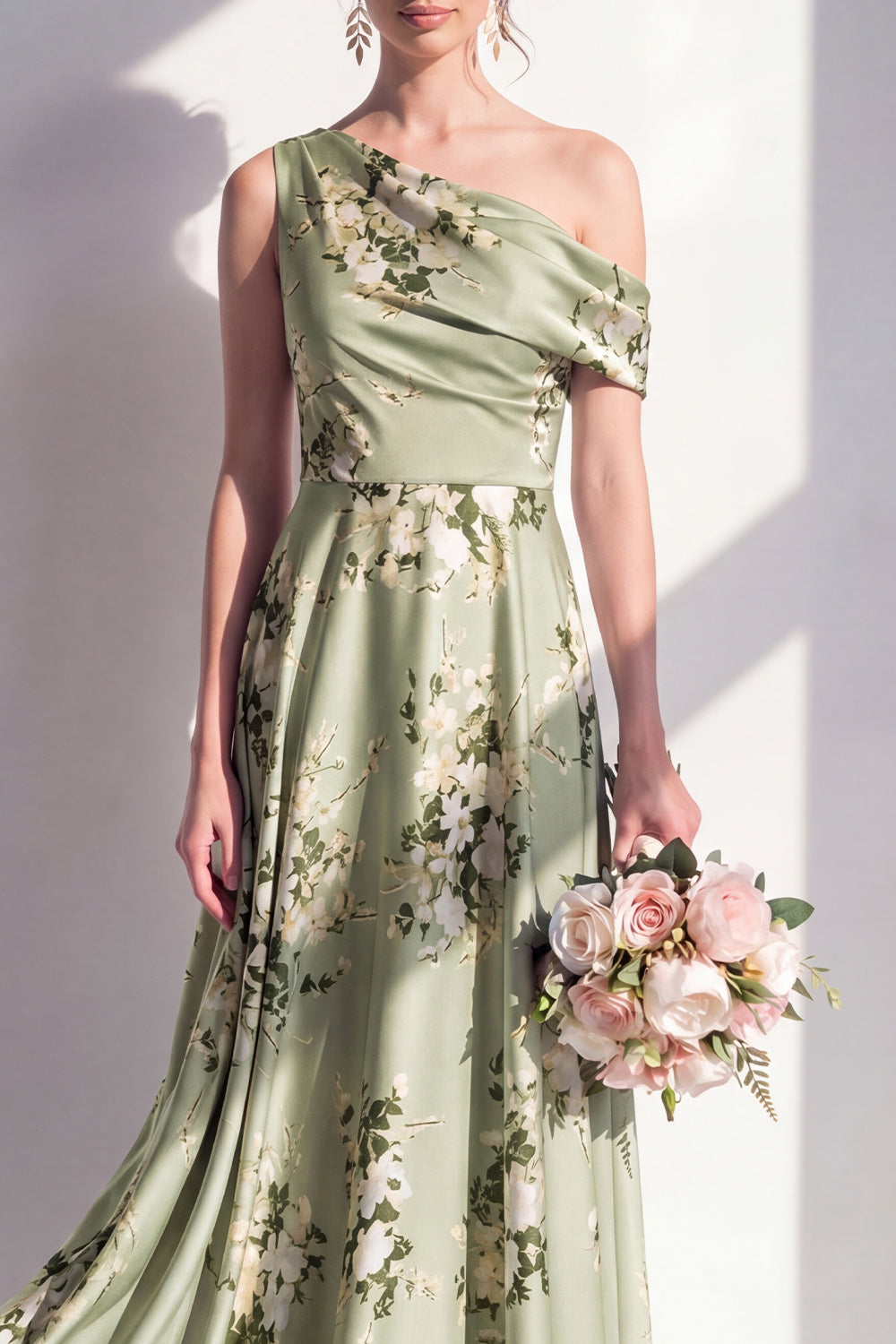 Sage Green One Shoulder Floral Ruched A Line Long Bridesmaid Dress