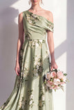 Sage Green One Shoulder Floral Ruched A Line Long Bridesmaid Dress